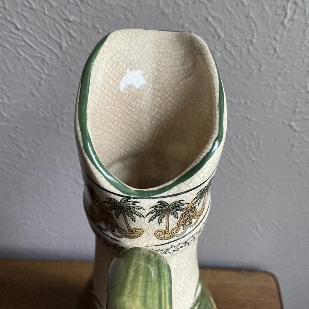 Tropical Palm Tree Coastal Vtg 2001 Ceramic Pitcher Vase 14.5